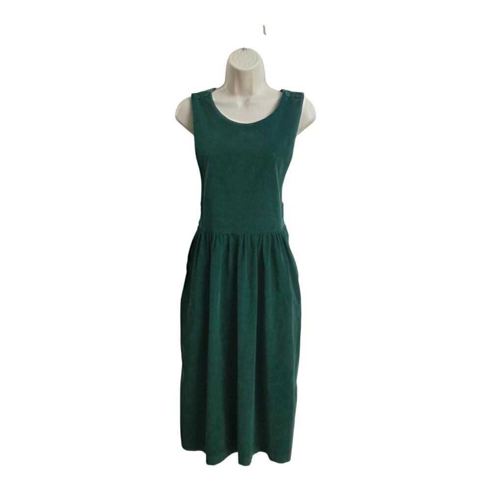 Talbots Green Pinafore Dress Womens Size 8 100% Cotton Jumper Midi With Pockets